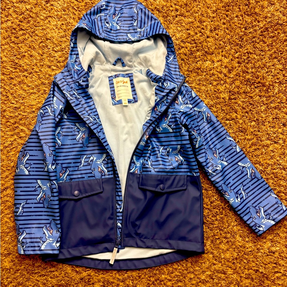 Cat and Jack Kids Rain Coat Dinasaur Zip up Blue Hood Medium (8) Water Proof